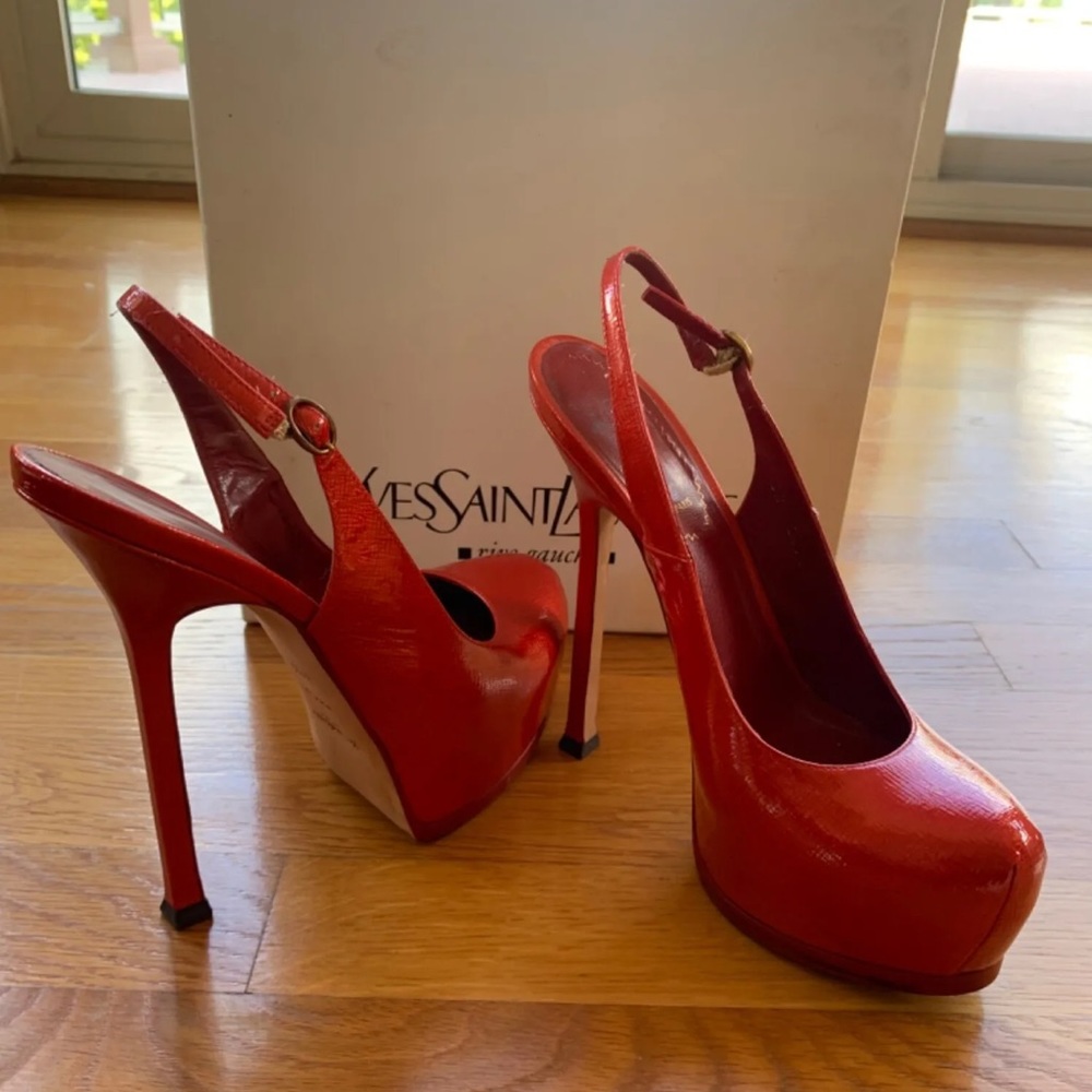 YSL TRIBTOO 105 SLINGBAC PAILLE PATENT POPPY Red Platform Shoes Womens Sz 37.5